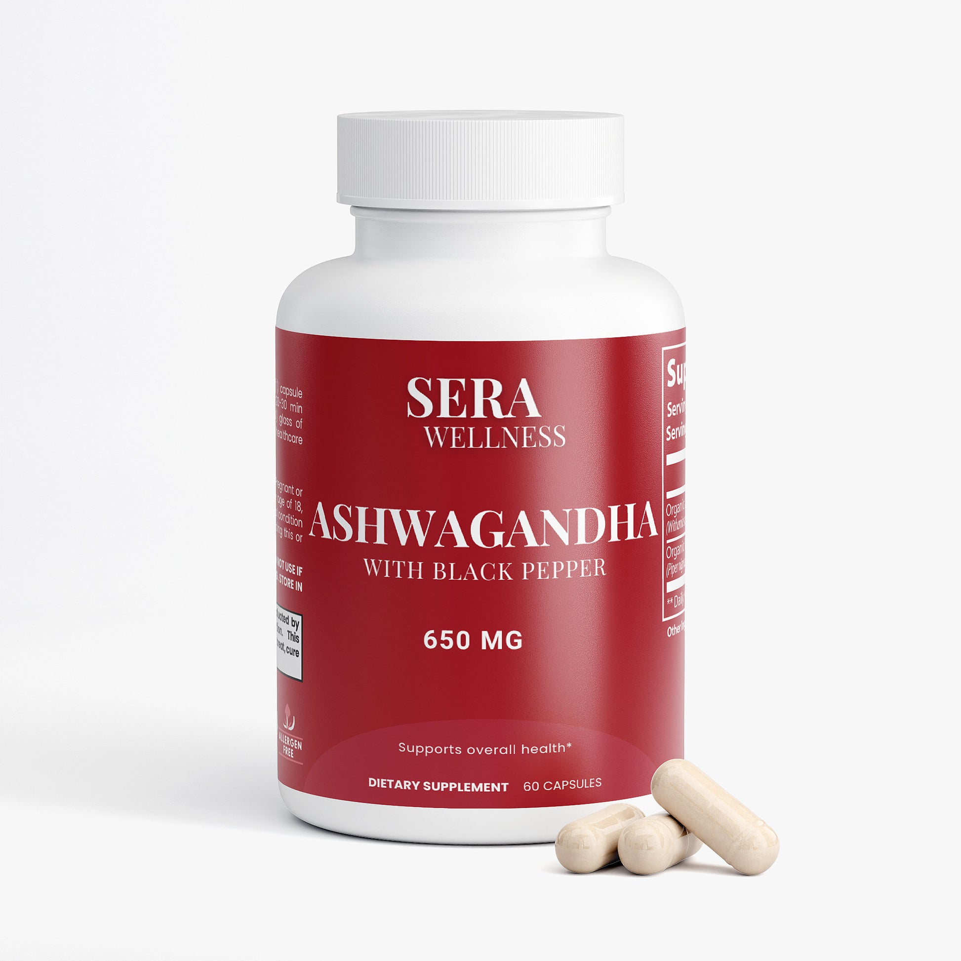 Sera Wellness Organic Ashwagandha | Herbal Supplement for a Calm Mood & a Feeling of Balance | with Black Pepper | 60 Capsules