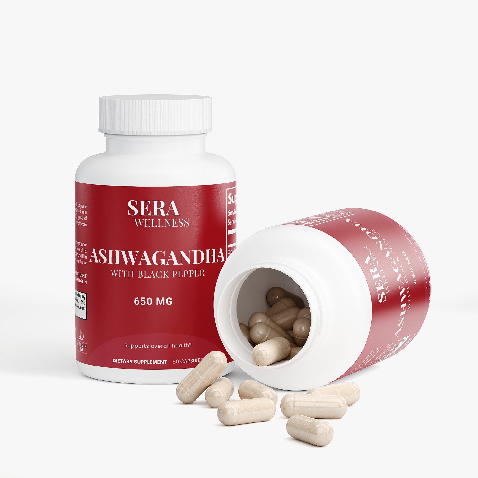 Sera Wellness Organic Ashwagandha | Herbal Supplement for a Calm Mood & a Feeling of Balance | with Black Pepper | 60 Capsules