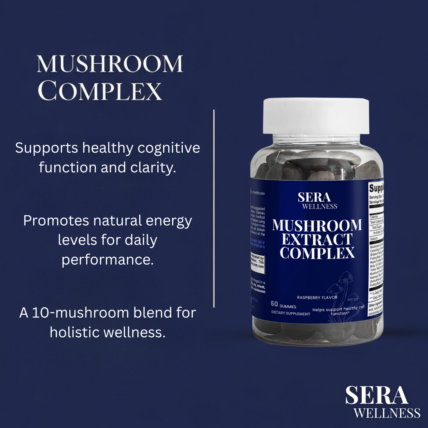 Sera Wellness Mushroom Extract Complex Gummies | 10 Mushroom Nootropic Blend with Lion's Mane & Reishi for Focus & Energy | Raspberry Flavor | 60 Count