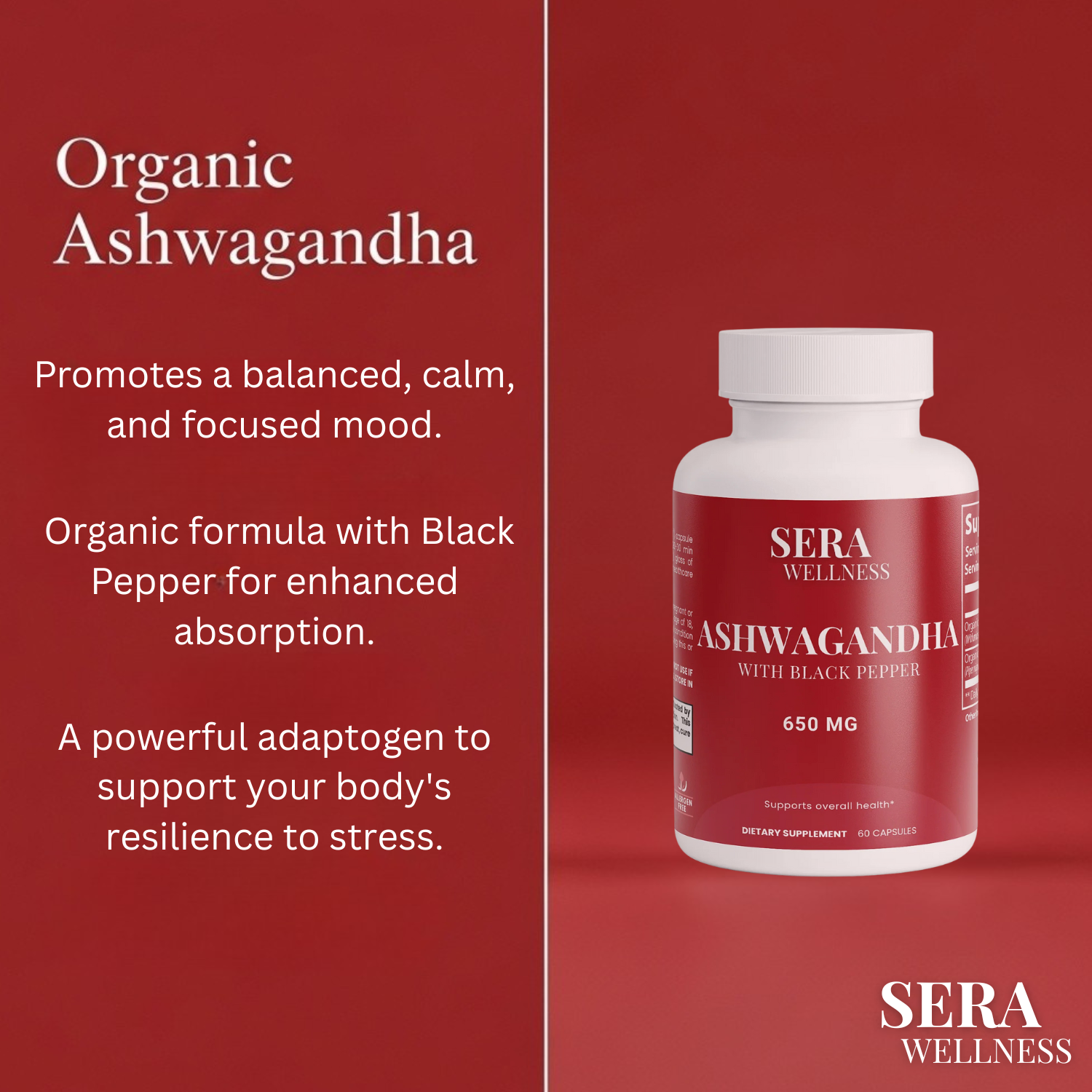 Sera Wellness Organic Ashwagandha | Herbal Supplement for a Calm Mood & a Feeling of Balance | with Black Pepper | 60 Capsules