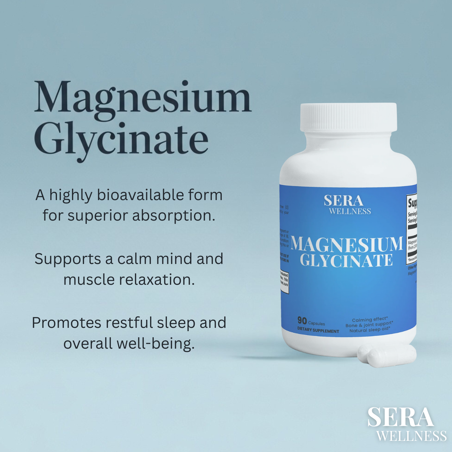 Sera Wellness Magnesium Glycinate | High Absorption Formula for Calm, Muscle Relaxation & Sleep Support | Gentle on the Stomach | 90 Capsules