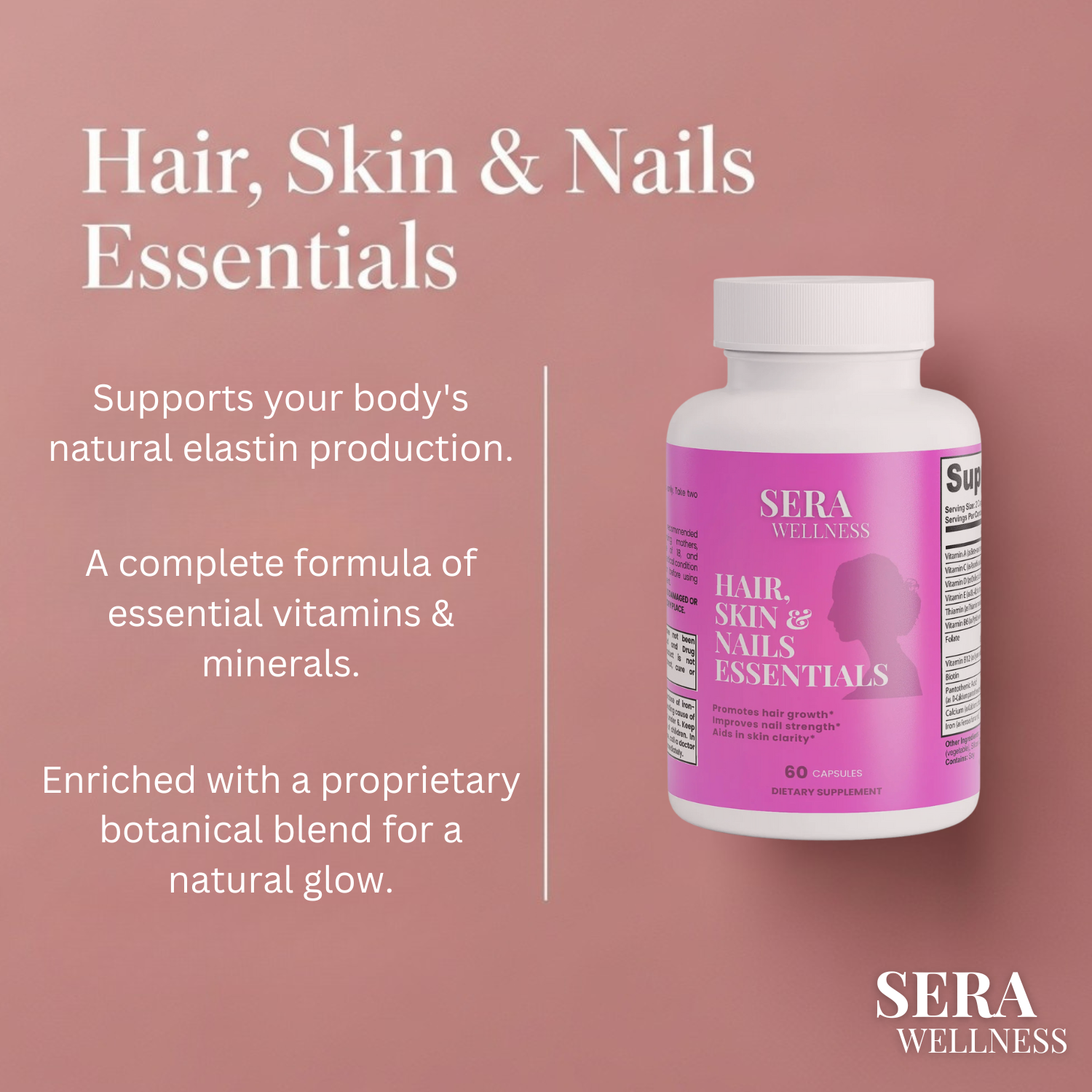 Sera Wellness Hair, Skin & Nails Essentials | A Beauty Vitamin & Herbal Blend with Biotin for a Natural Glow | 60 Capsules