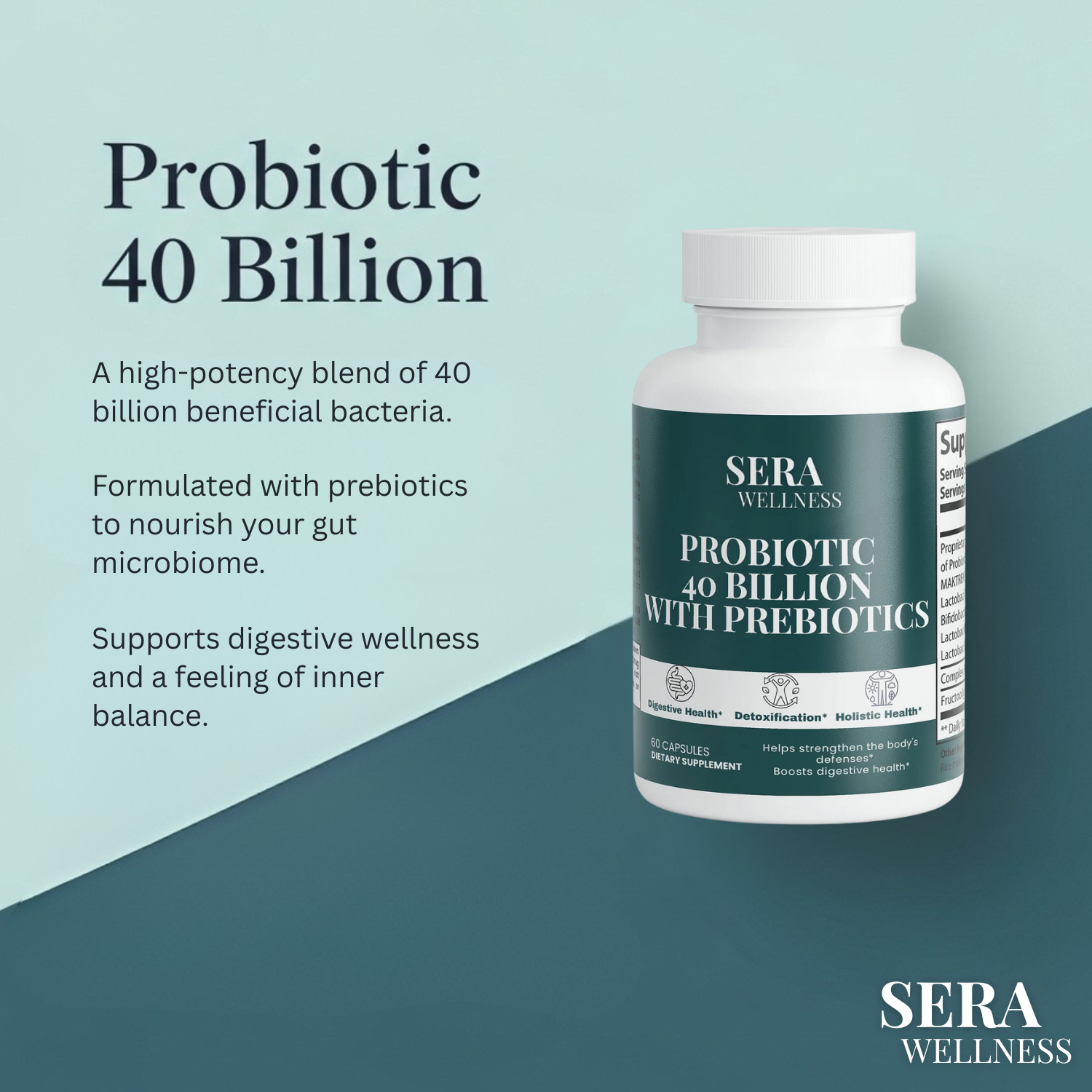 Sera Wellness Probiotic 40 Billion | with Prebiotics for a Healthy Gut & Inner Harmony | 60 Capsules
