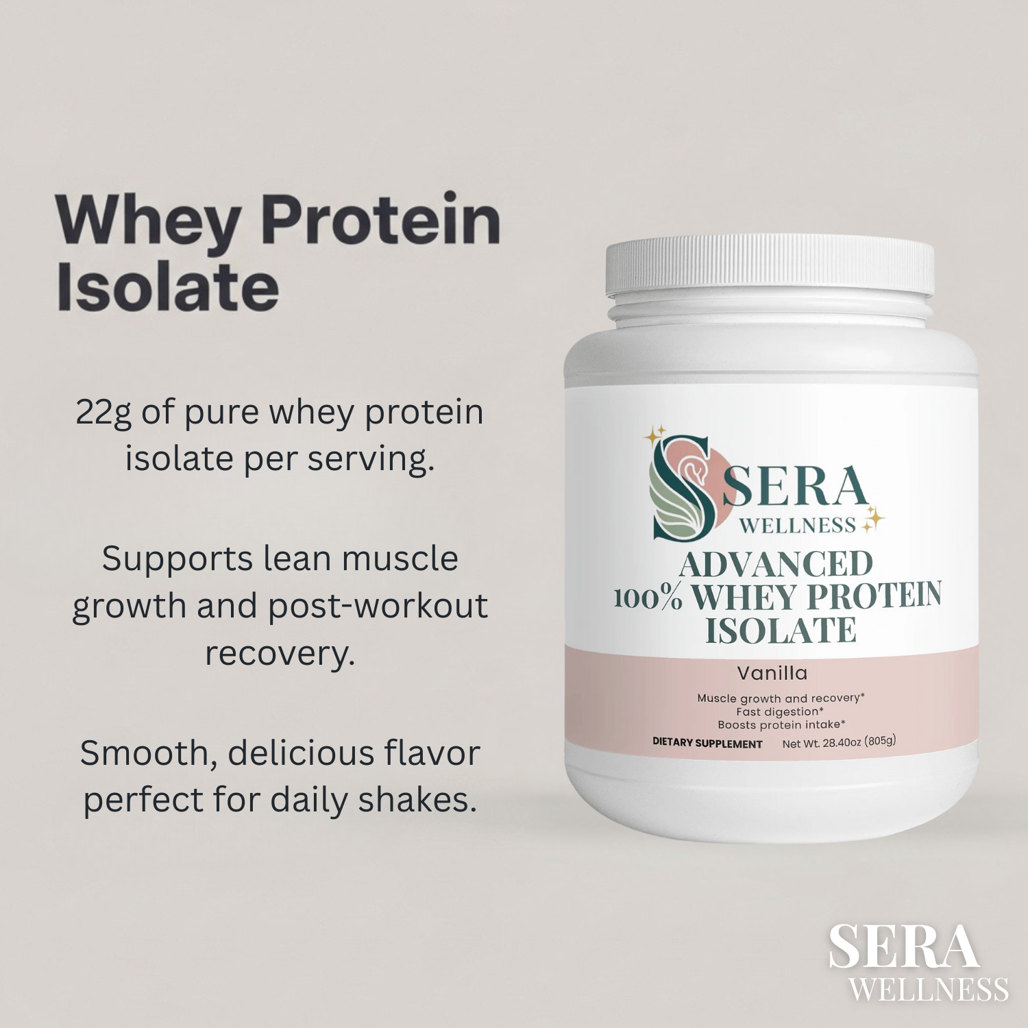 Sera Wellness Whey Protein Isolate | for Post-Workout Recovery & an Active Lifestyle | Natural Vanilla Flavor | 22g Protein