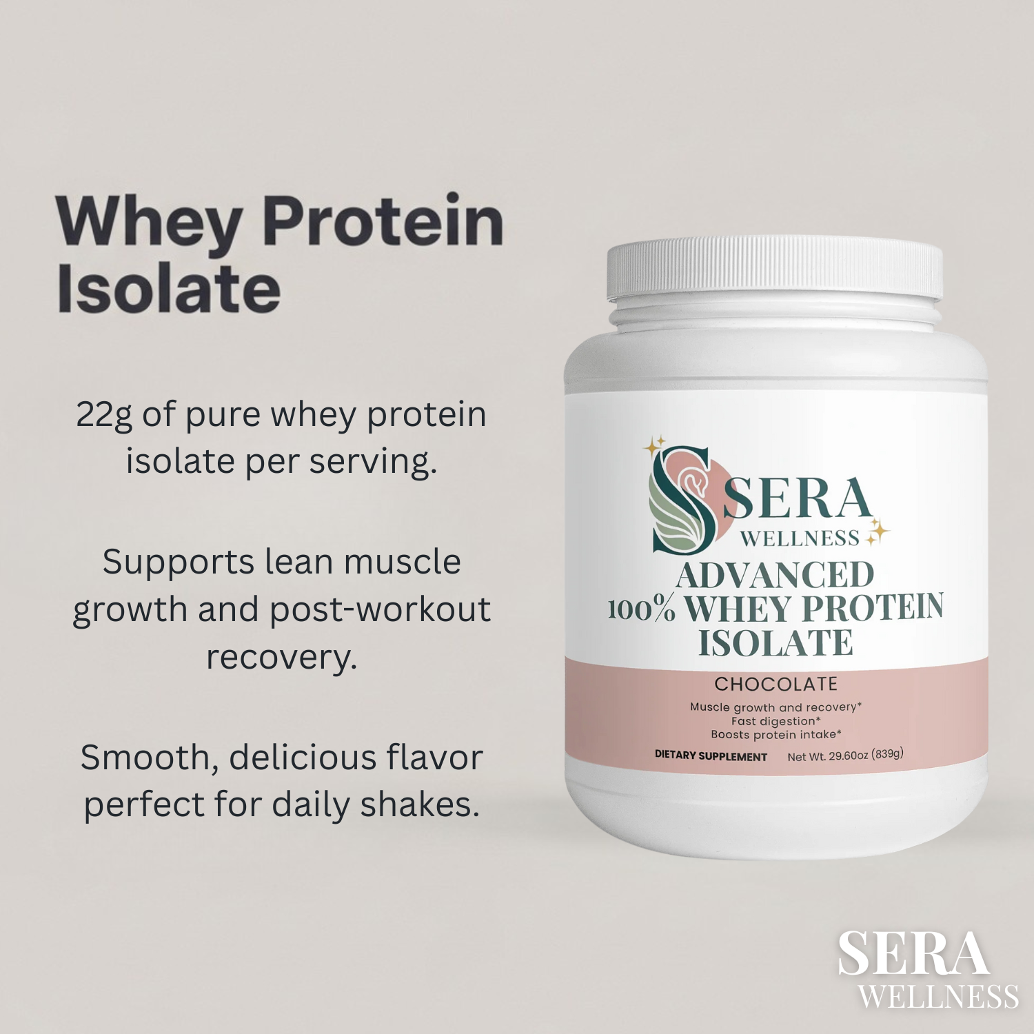 Sera Wellness Whey Protein Isolate | for Post-Workout Recovery & an Active Lifestyle | Rich Chocolate Flavor | 22g Protein