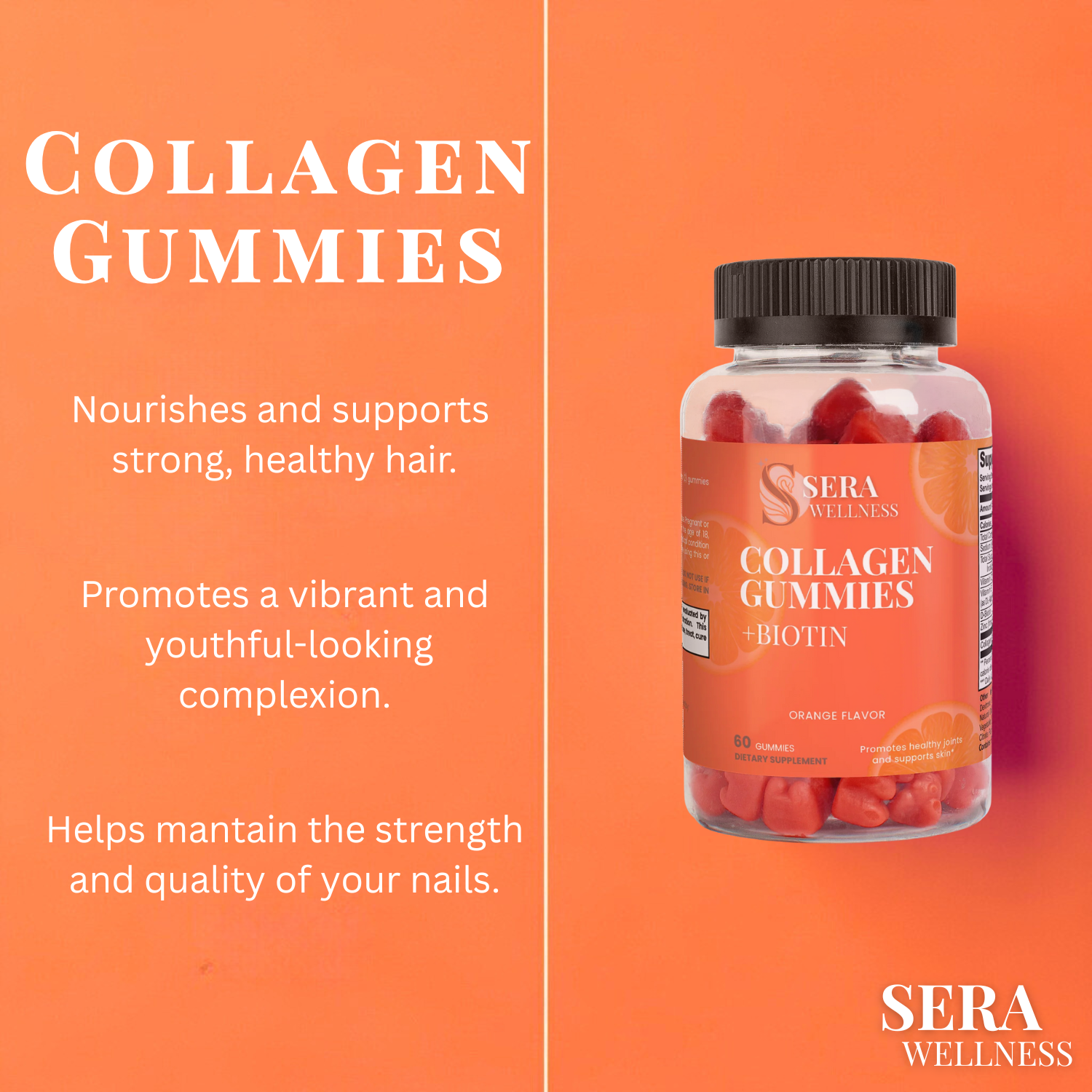 Sera Wellness Collagen Gummies | with Biotin & Vitamin C for Hair, Skin & Nail Radiance | Natural Orange Flavor | 60 Count